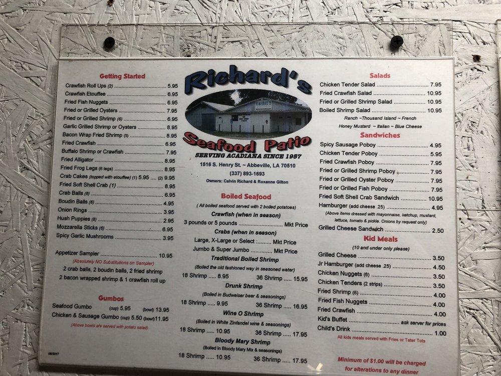 Menu at Richard's Seafood Patio restaurant, Abbeville