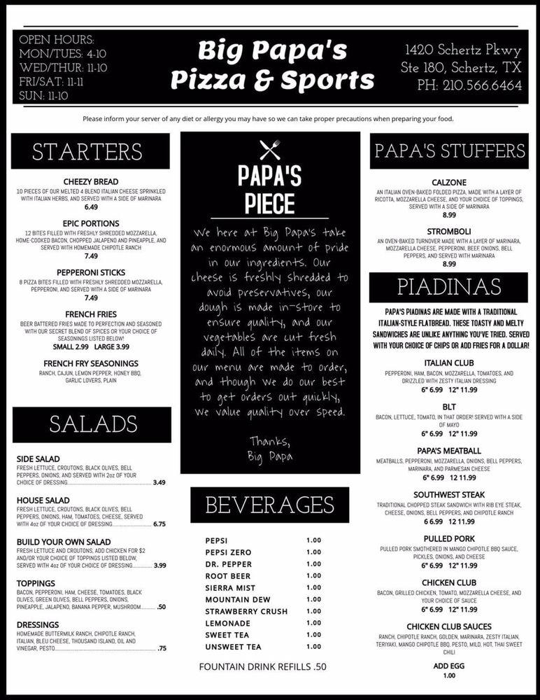 Menu at Big Papa's Pizza &amp; Sports pizzeria, Schertz