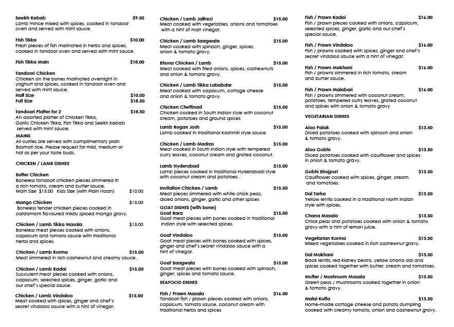 Menu at Invitation Takeaway restaurant, Wellington