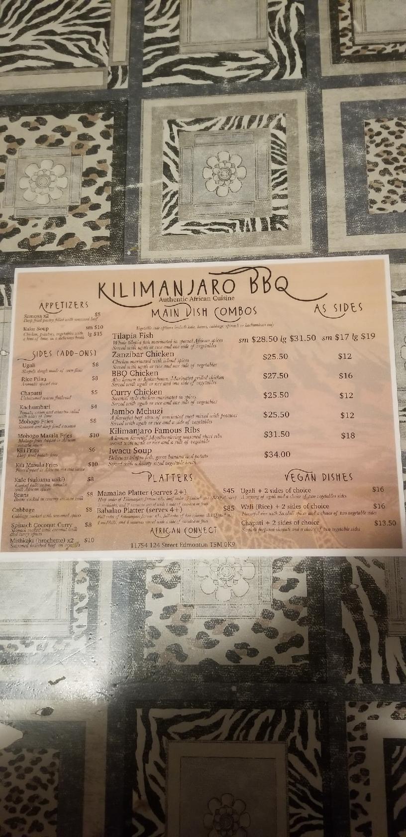 Menu at KILIMANJARO BBQ, Edmonton