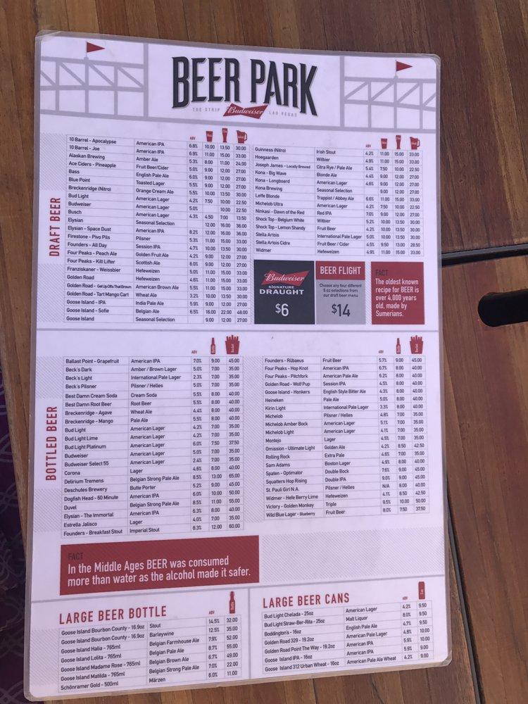 Menu at Beer Park pub & bar, Las Vegas, S Las Vegas Blvd