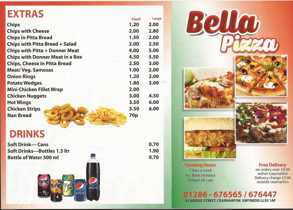 Menu at Bella Pizza pizzeria, Caernarfon