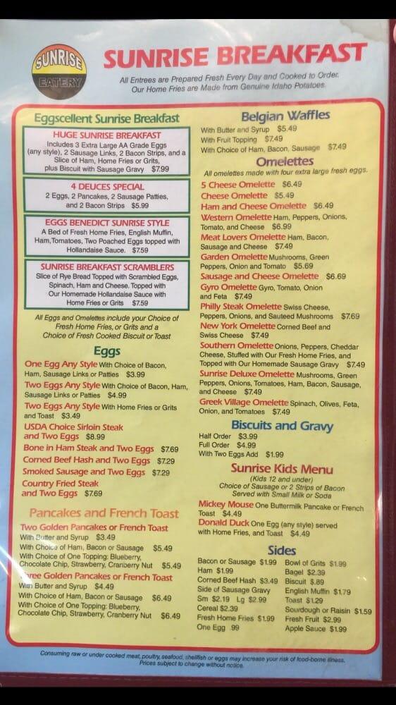 Menu at Sunrise Eatery restaurant, Zephyrhills, Gall Blvd