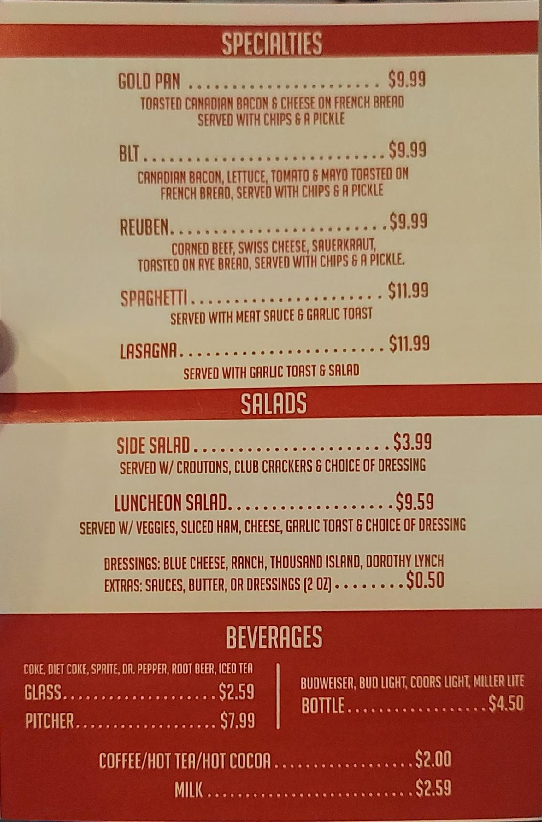 Menu at Gold Pan Pizza pizzeria, Sturgis