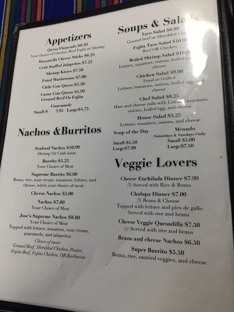 Menu at Jose's Cantina steakhouse, Bolivar Peninsula, TX87