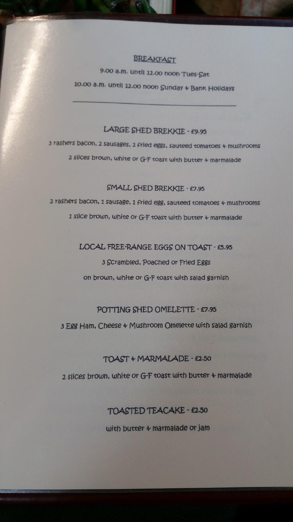 Menu at The Potting Shed Whitchurch restaurant, Symonds Yat