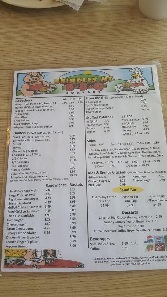 Menu at Brindley Mountain BBQ, Fairview