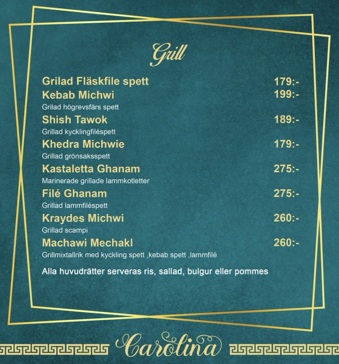 Menu at Carolina Restaurang restaurant, Södertälje