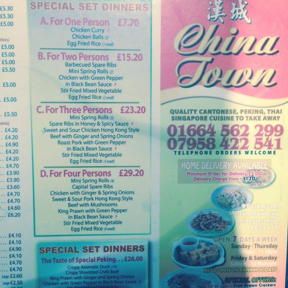 Menu at China Town restaurant, Melton Mowbray