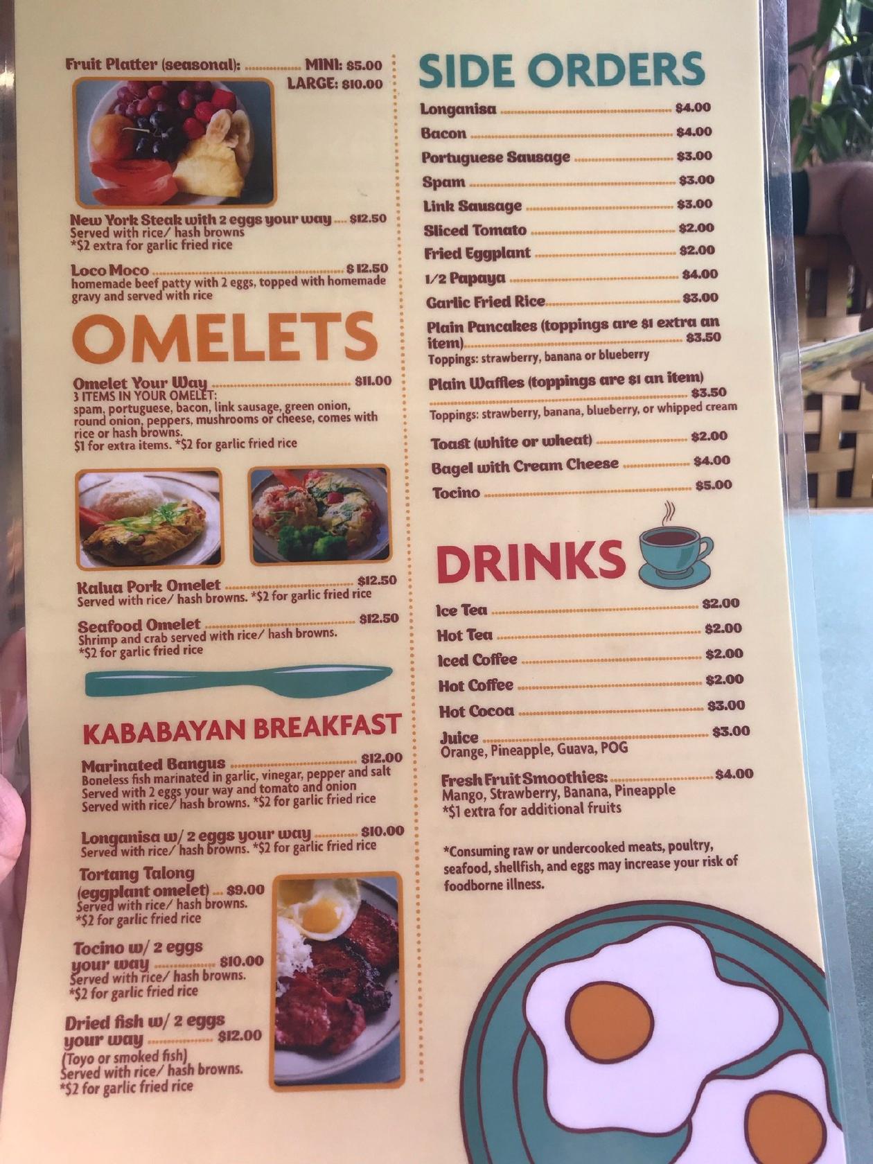 Menu at Kauai Family Cafe, Kapaa
