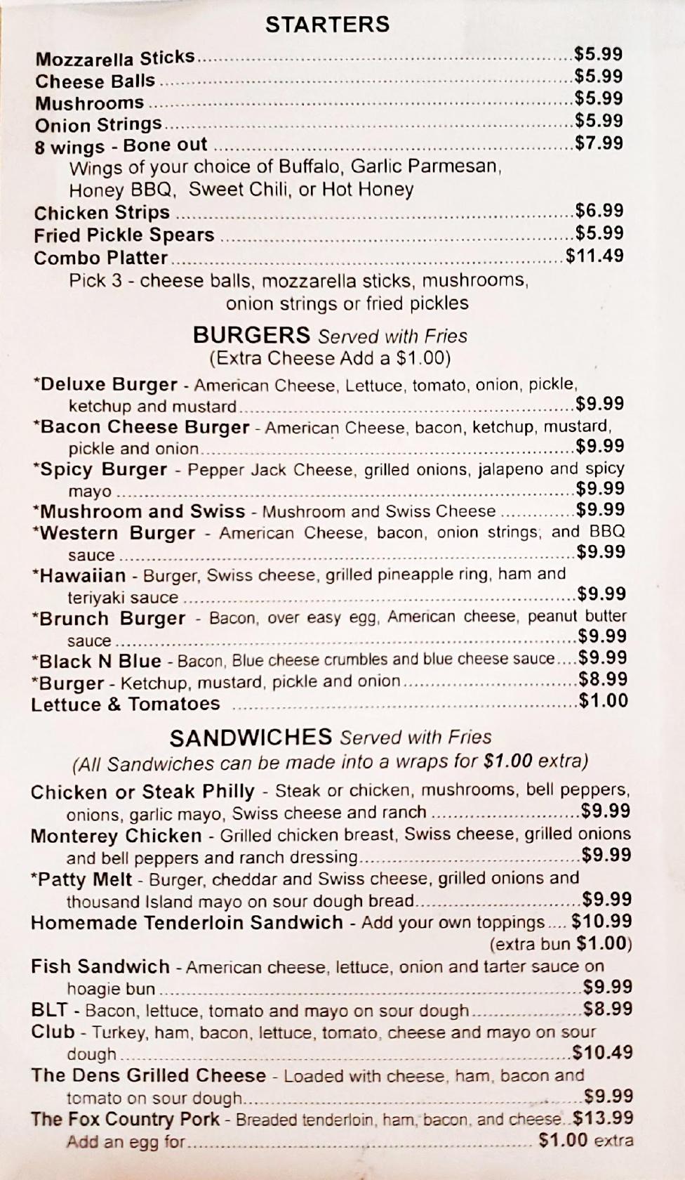 Menu at Cantril Fox Den restaurant, Cantril
