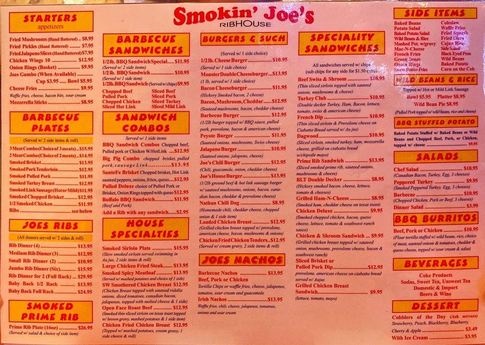 Menu at Smokin' Joe's Ribhouse BBQ, Rogers