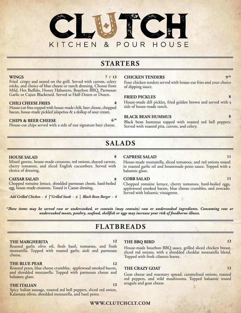 Menu at Clutch Kitchen & Pour House pub & bar, Charlotte