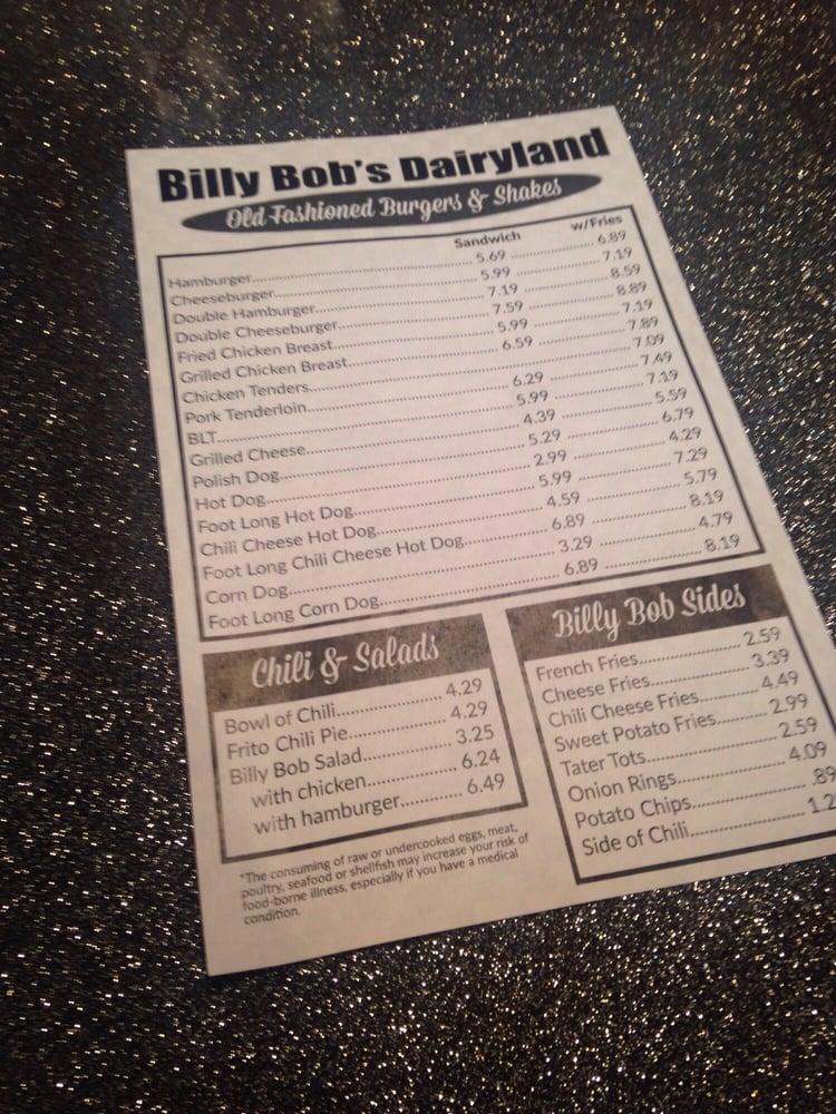 Menu at Billy Bob's Dairy Land restaurant, Branson, W 76 Country Blvd