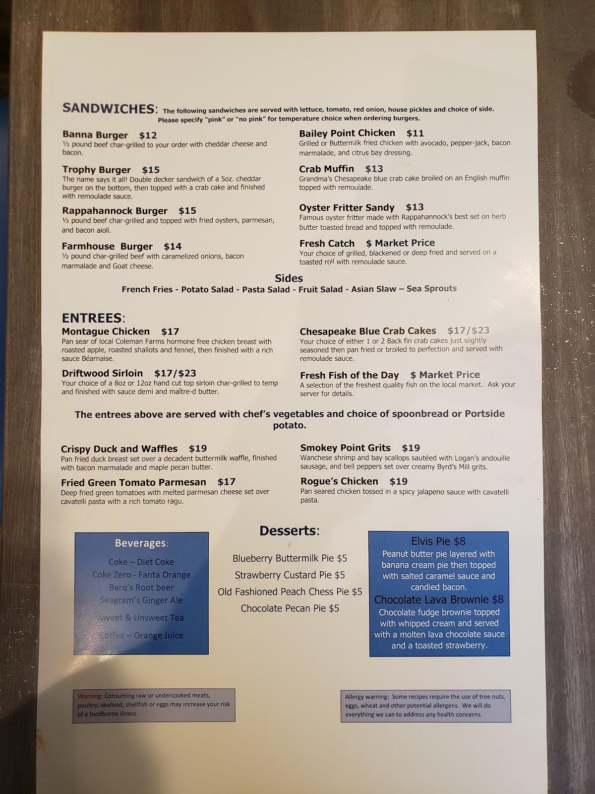 Menu at Portside Grill on Urbanna Creek restaurant, Urbanna, 25 Cross St