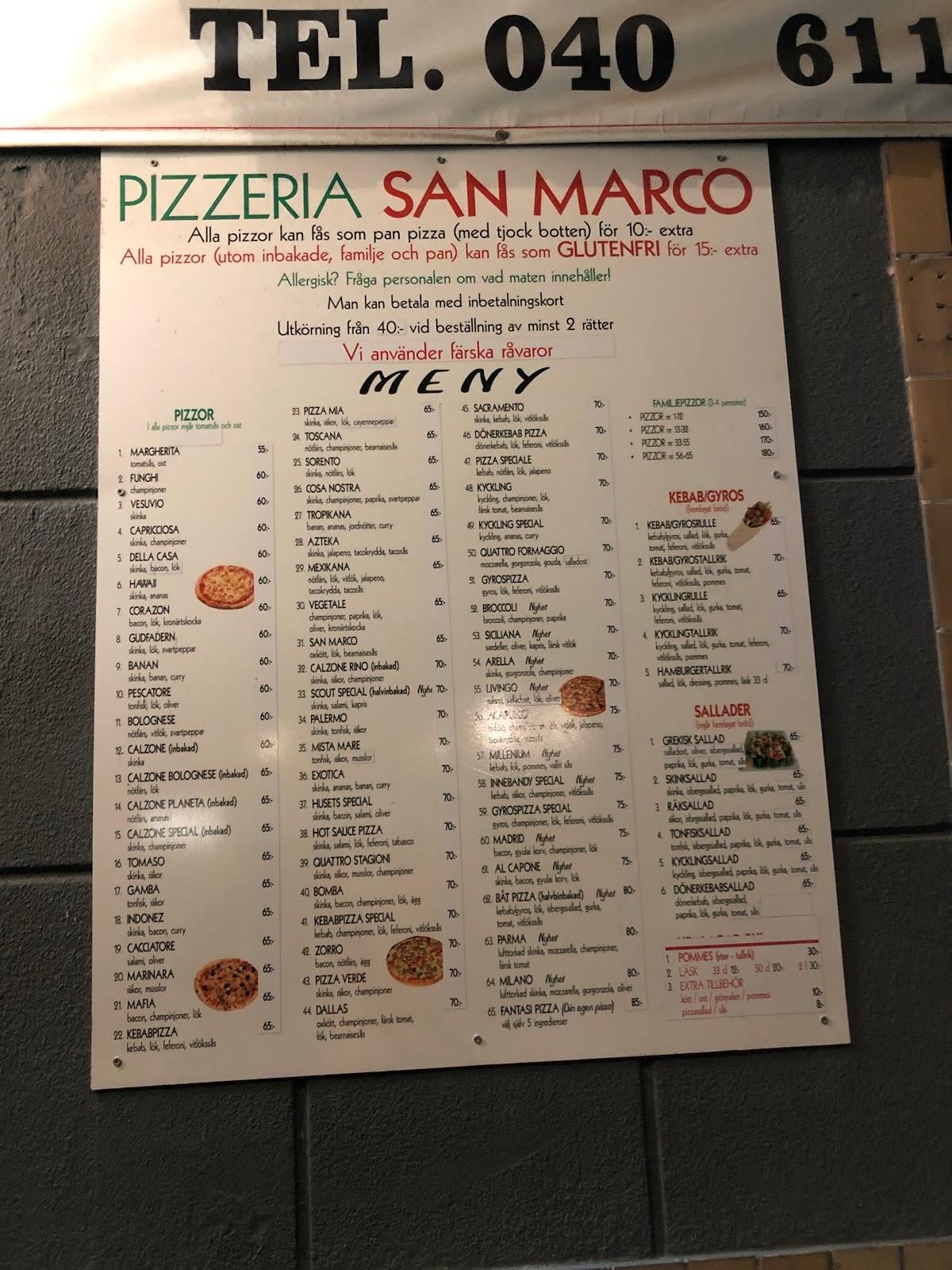 Menu at Pizzeria San Marco, Malmö