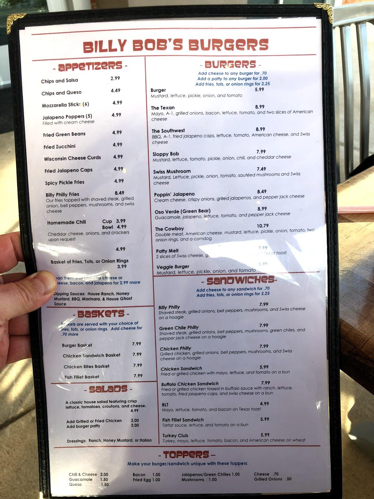 Carta de Billy Bob's Burgers Bar & Grill, Waco
