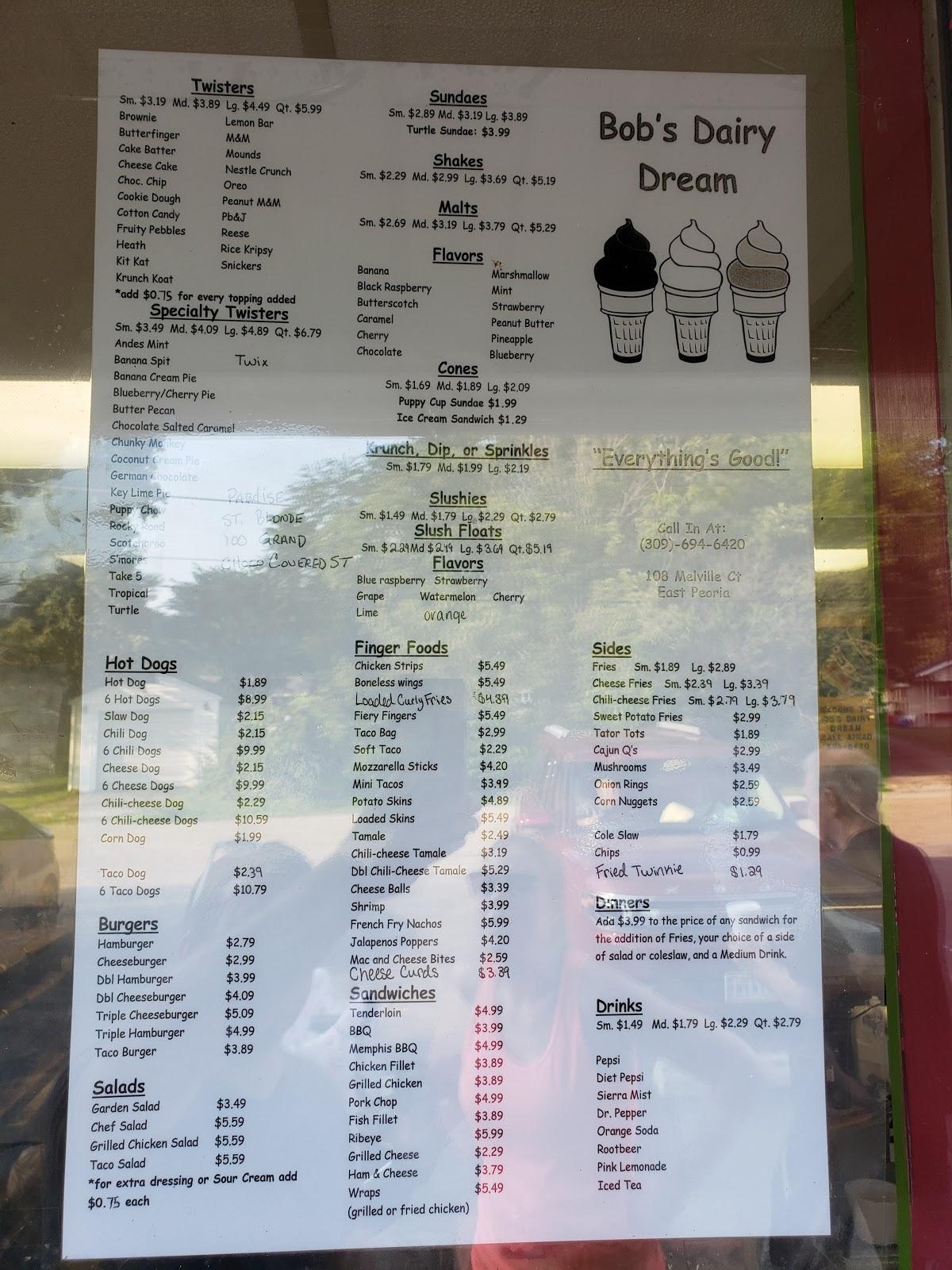 Menu at Bob's Dairy Dream, East Peoria