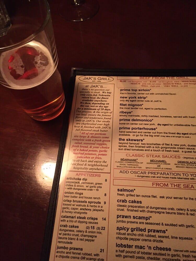 Menu at Jak's Grill steakhouse, Seattle, California Ave SW