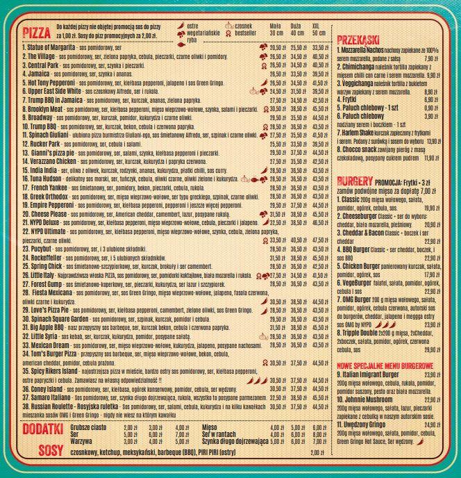 Menu at New York Pizza Department Piltza pizzeria, Kraków