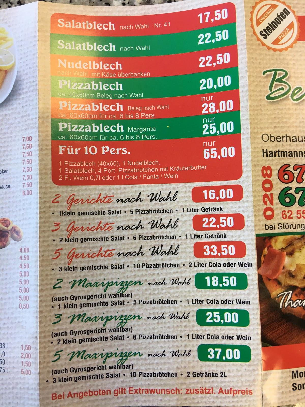 Speisekarte Von Pizzeria Bella Italia, Oberhausen, Hartmannstraße 93