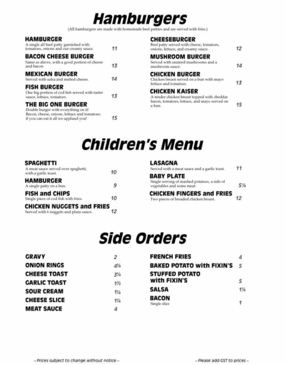 Menu at James Grill & Bar, Rimbey