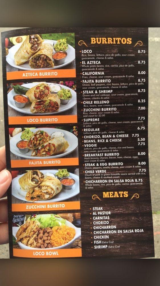 Menu at Los Tacos Locos restaurant, Vancouver