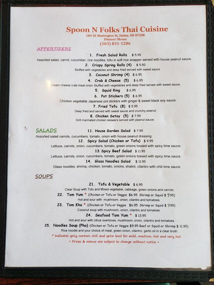 Menu at Spoon N Folks Thai Cuisine restaurant, Dallas