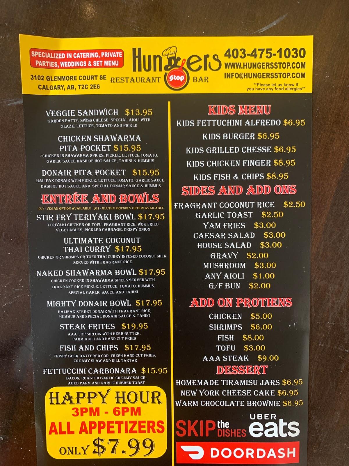 Menu at Hungers Stop restaurant, Calgary