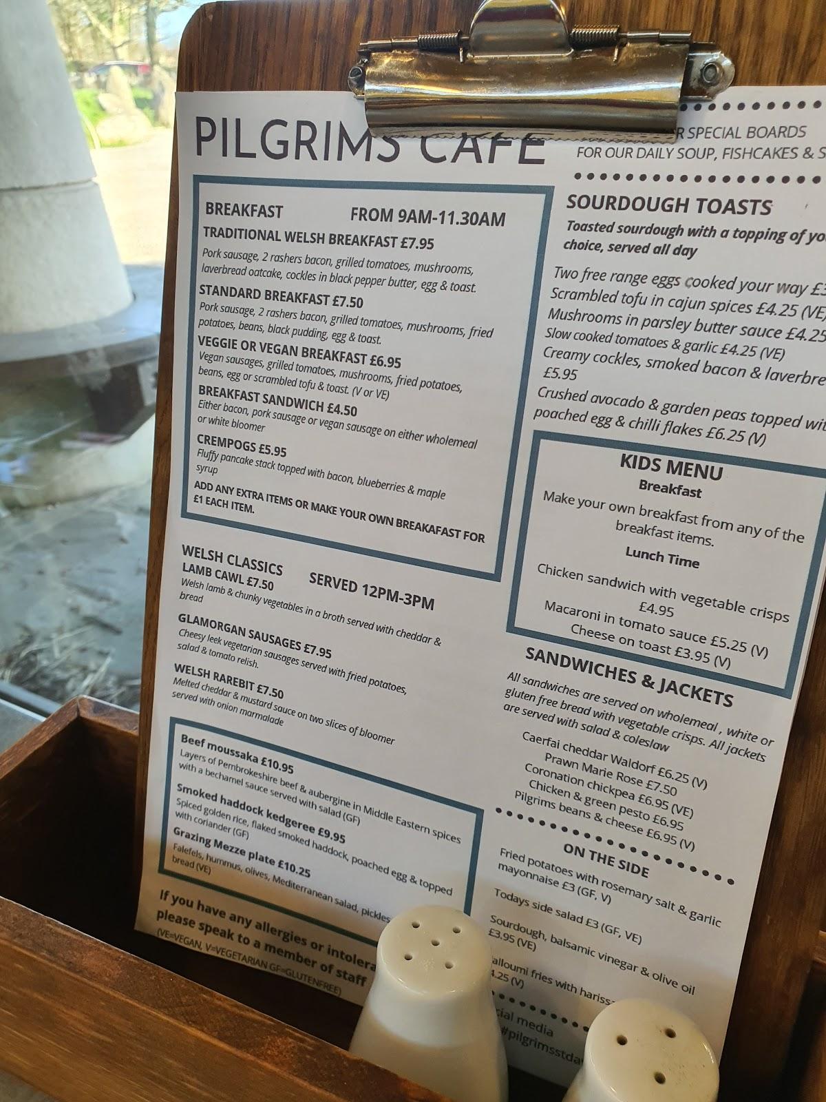 Menu at Pilgrims Cafe, Saint Davids