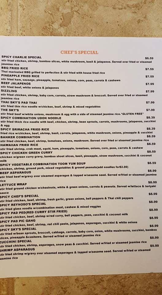 Menu at Thai Sky restaurant, Friona