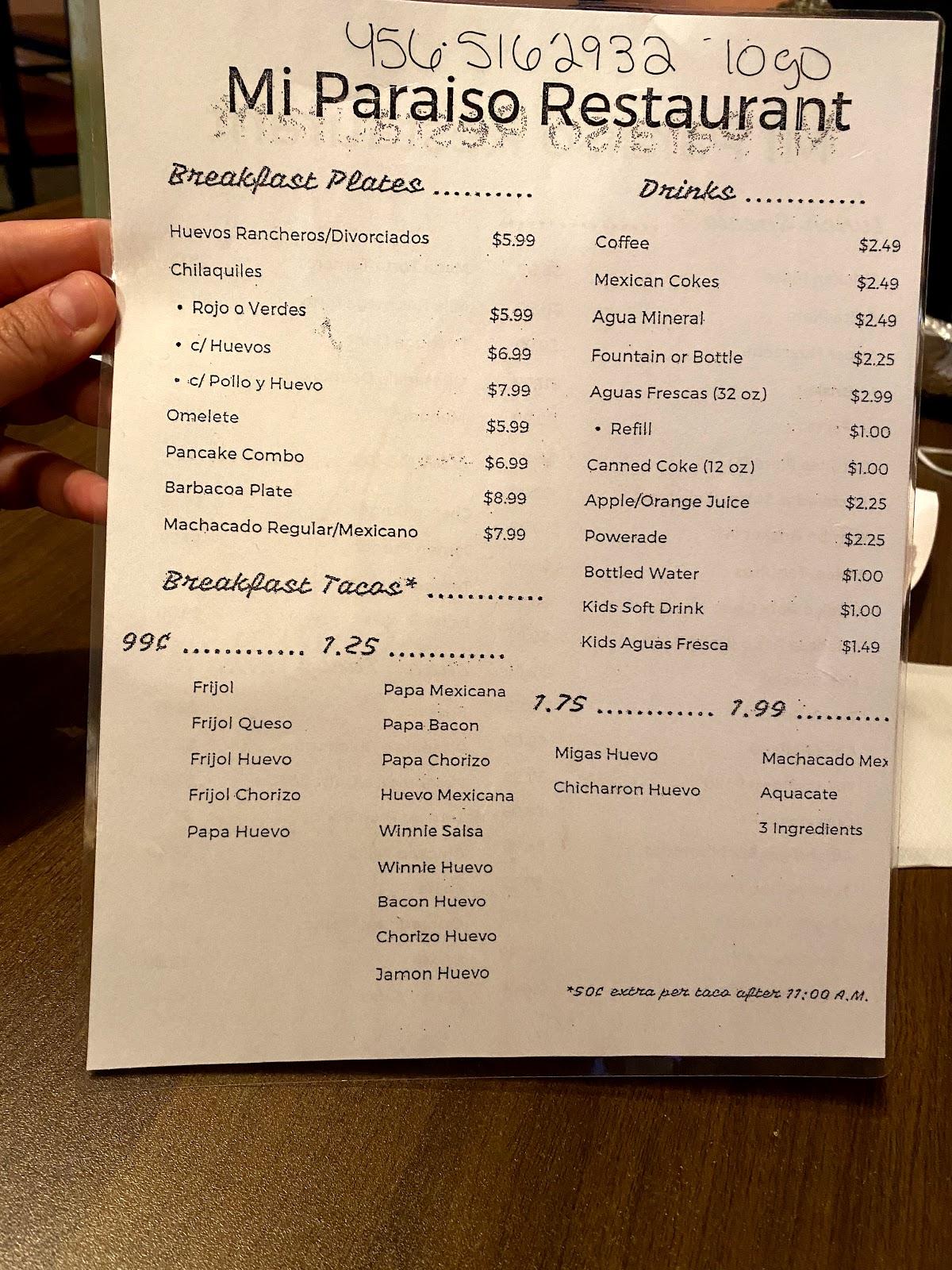 Menu at Mi Paraiso Restaurant, Laredo