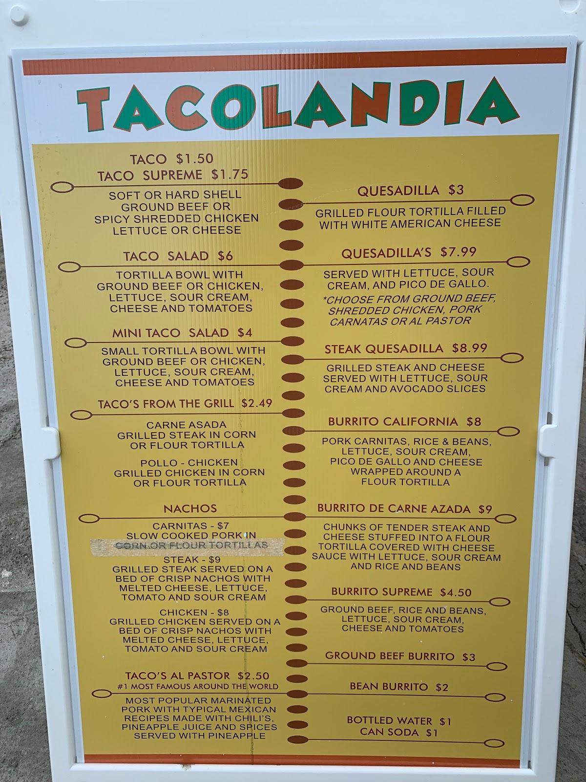 Menu at TACOLANDIA restaurant, Moundsville, 1st St