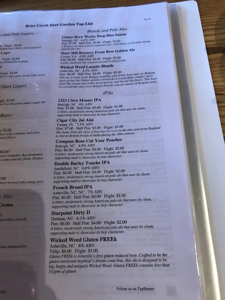 Menu at Brier Creek Beer Garden pub & bar, Raleigh, Brier Creek Pkwy