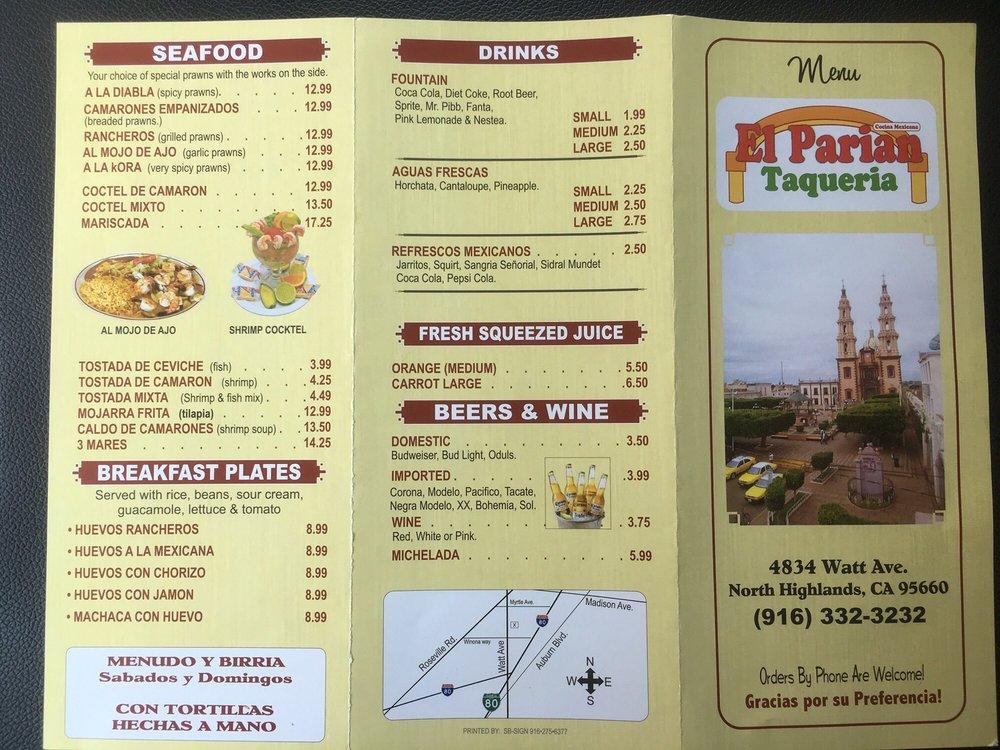 Menu at El Parian Taqueria restaurant, North Highlands, Watt Ave