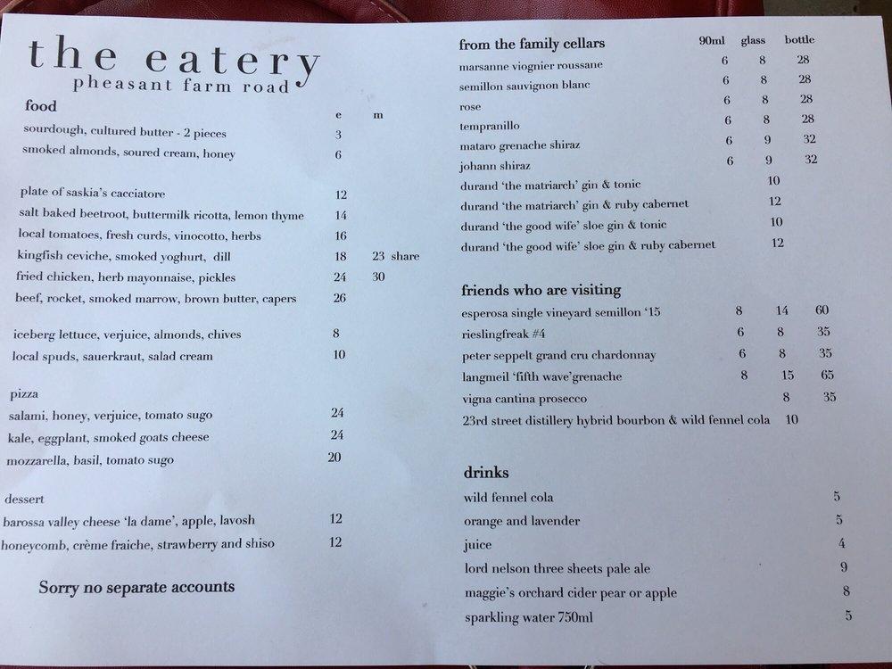 Carta del café Maggie Beer's Farm Shop, Nuriootpa