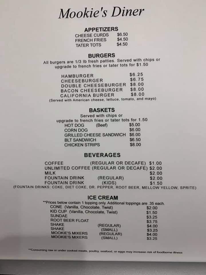Menu at Mookie's Diner, Dassel