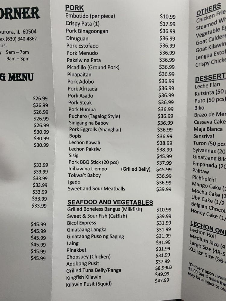 Menu at Pinoy Corner Aurora IL restaurant, Aurora