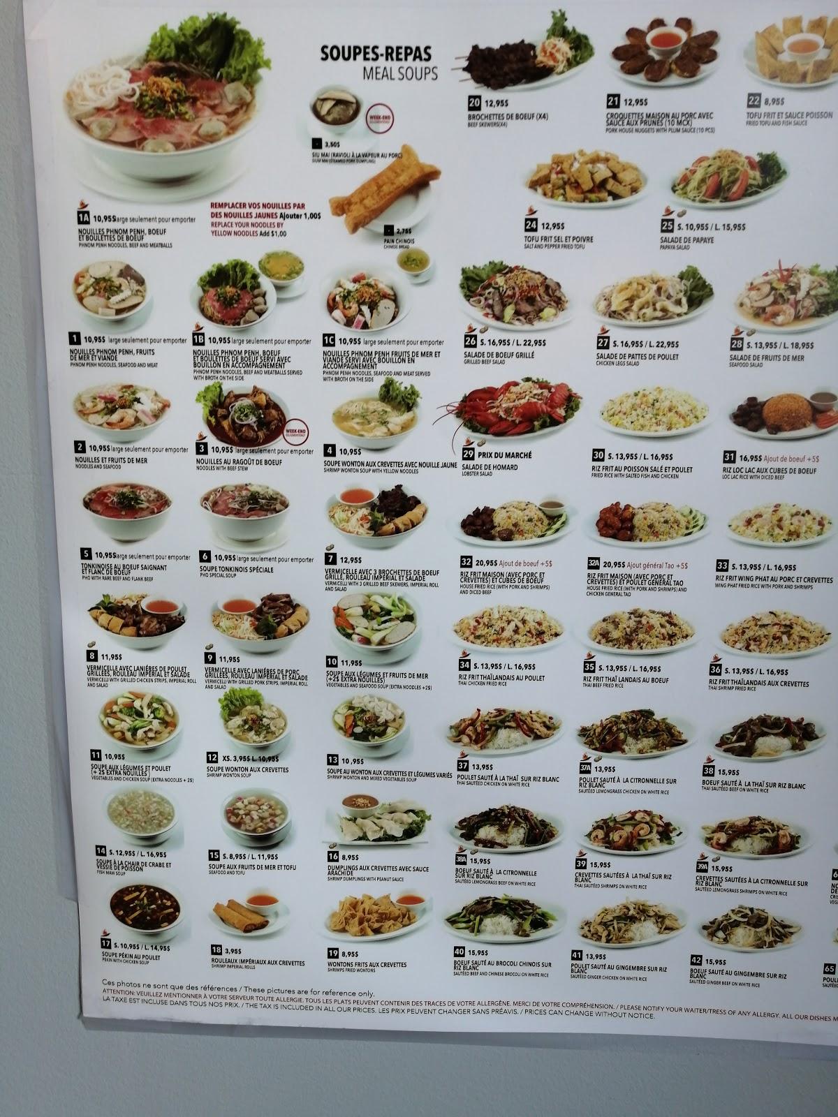 Menu au Wing Phat restaurant, Montréal