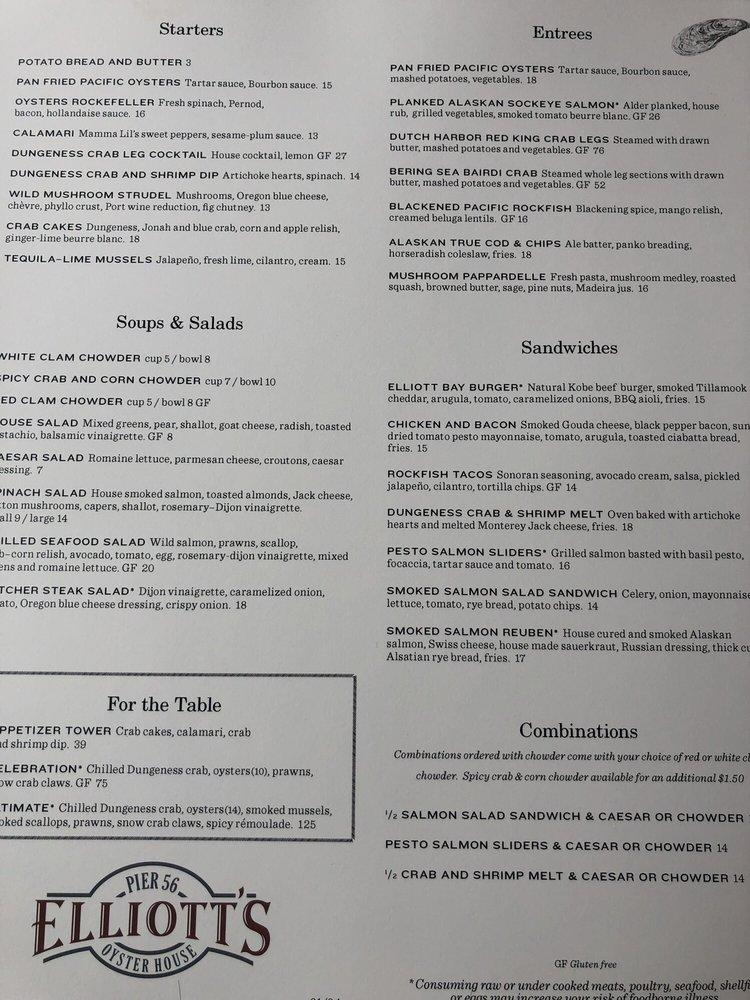 Menu at Elliott's Oyster House restaurant, Seattle