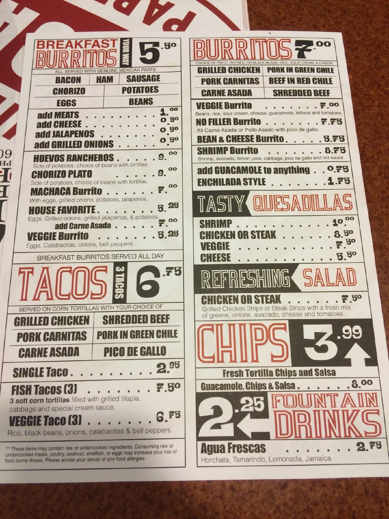 Carta del restaurante PHX Burrito House, Phoenix
