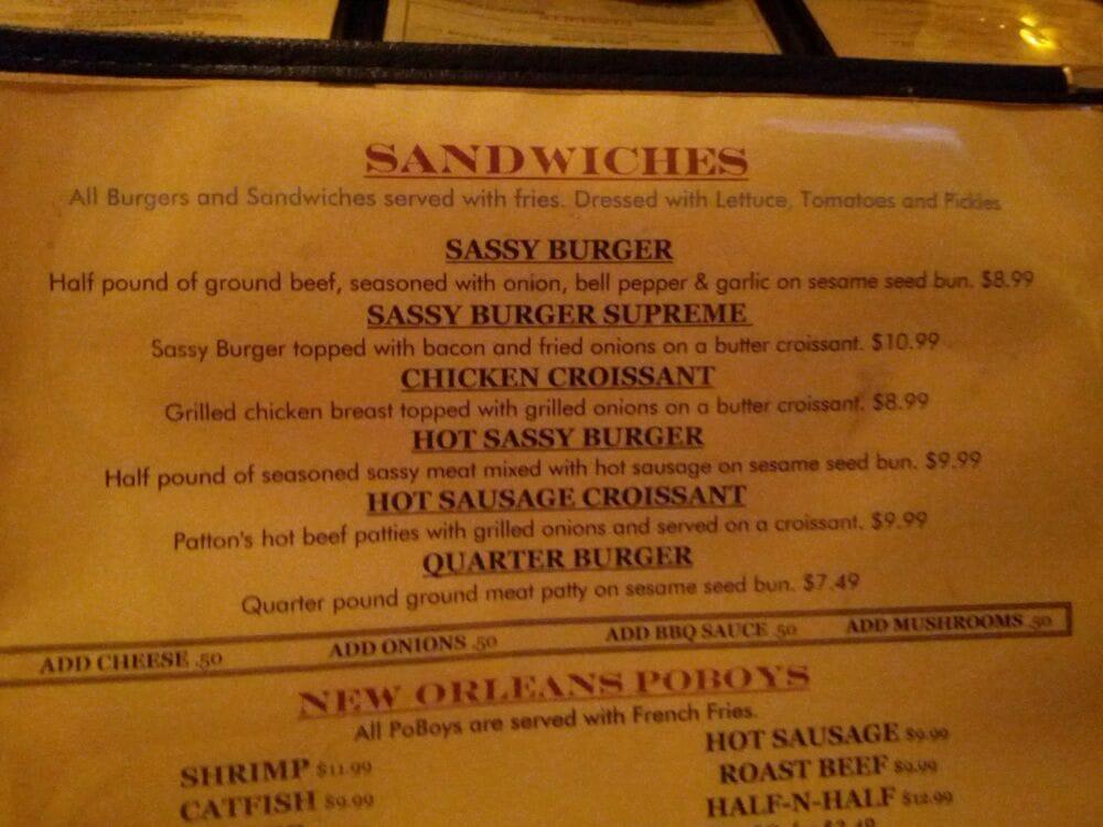 Menu at Sassafras restaurant, New Orleans, Leon C Simon Dr