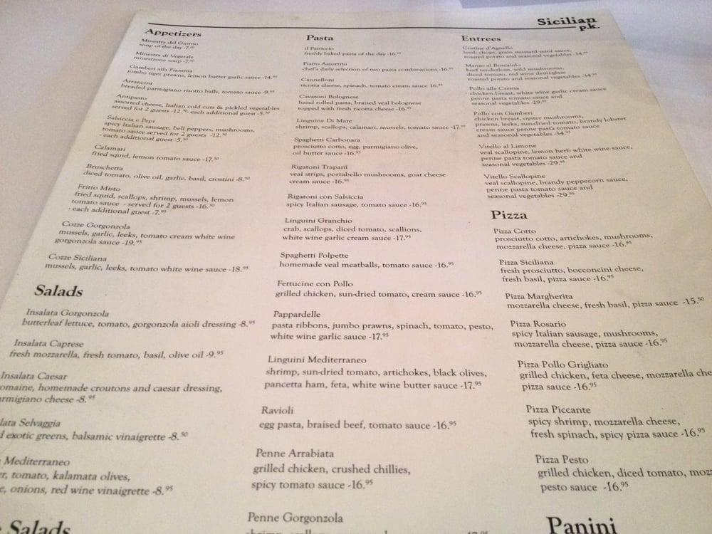 Menu au Sicilian Pasta Kitchen Downtown restaurant, Edmonton, Jasper Ave