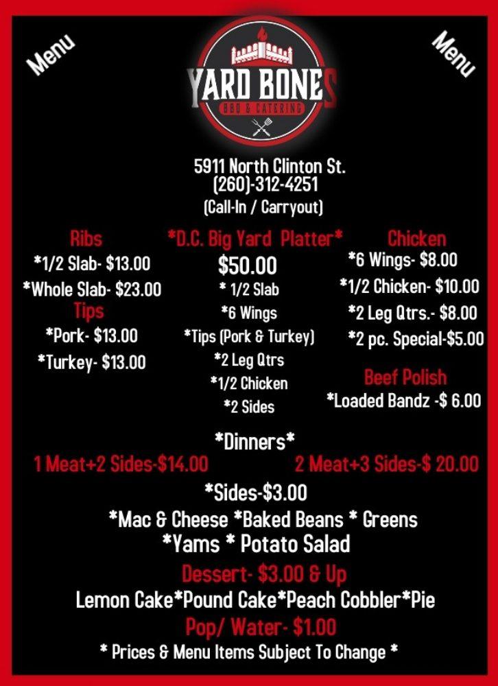 Menu at Yard Bones BBQ & Catering, Fort Wayne, North Clinton St