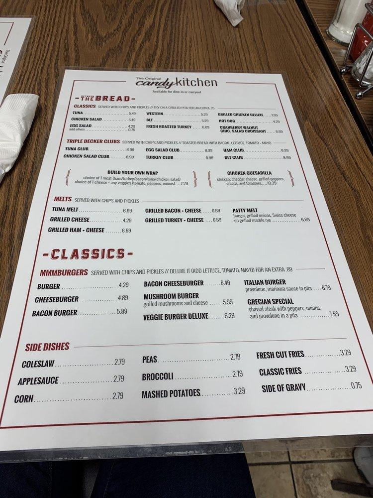 Menu at Original Candy Kitchen restaurant, Williamson