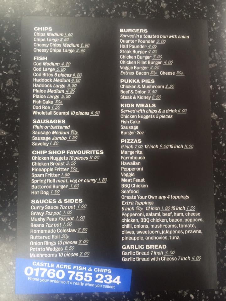 Menu at Castle Acre Fish and Chips restaurant, Castle Acre