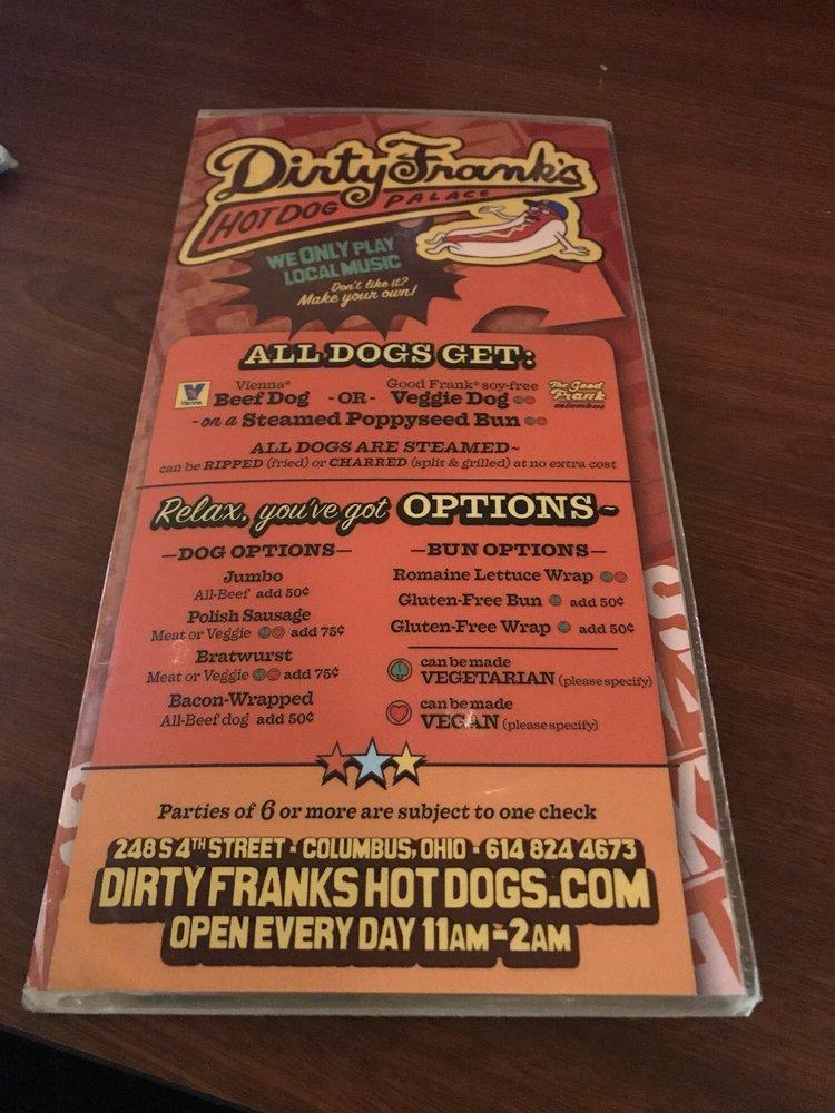 Menu at Dirty Frank's Hot Dog Palace pub & bar, Columbus, 248 S 4th St