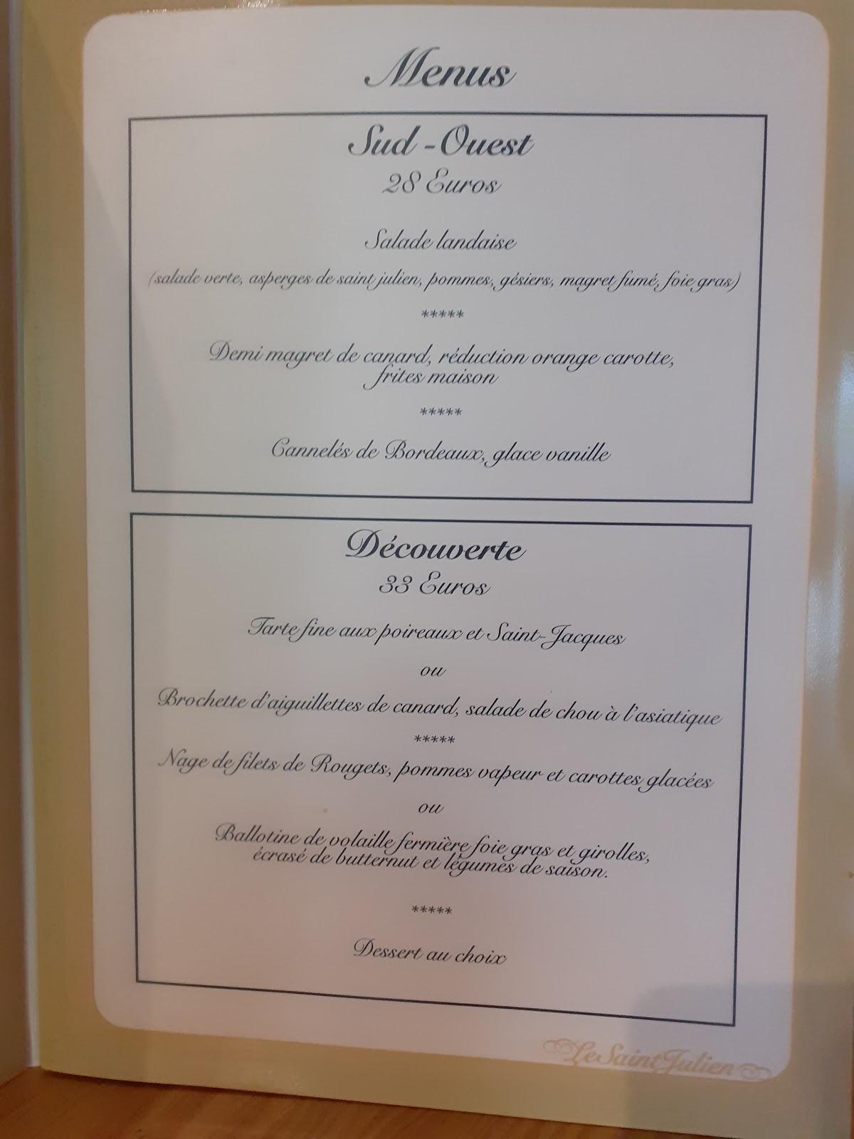 Menu au Le Saint Julien restaurant, SaintJulienenBorn