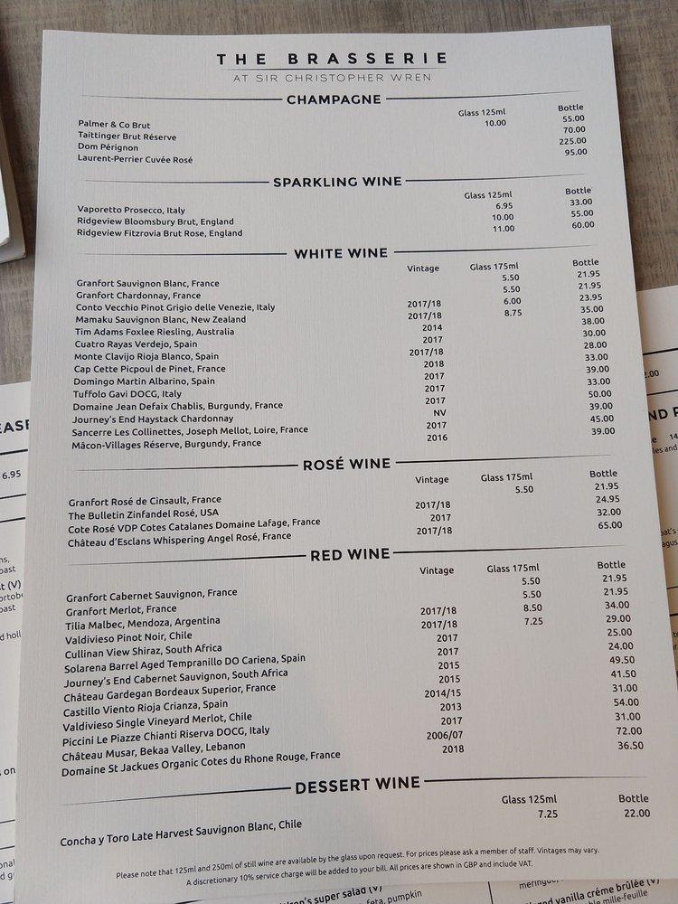 Menu at The Brasserie at Sir Christopher Wren pub & bar, Windsor