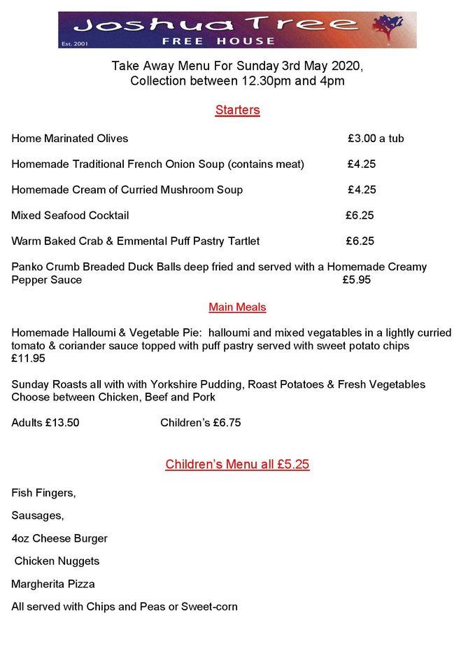 Menu at The Joshua Tree restaurant, Redhill